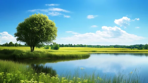 Lone tree reflects over calm summer lake under blue sky.