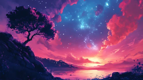 Vibrant coastal sunset under a nebular, star-rich twilight sky