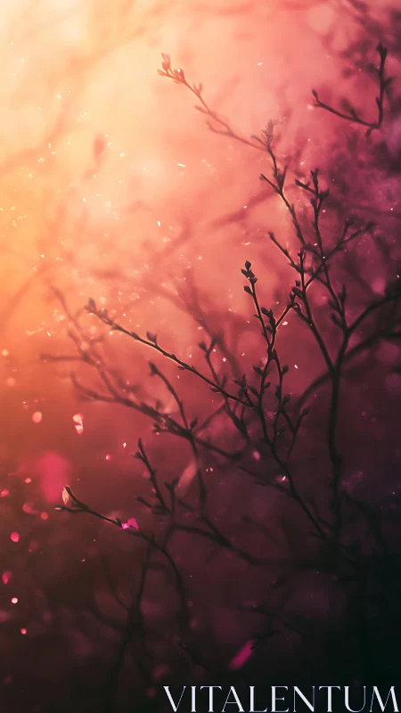 Backlit plant branches cut through soft orange and magenta haze