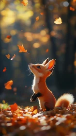 Playful baby fox delights in falling autumn leaves.