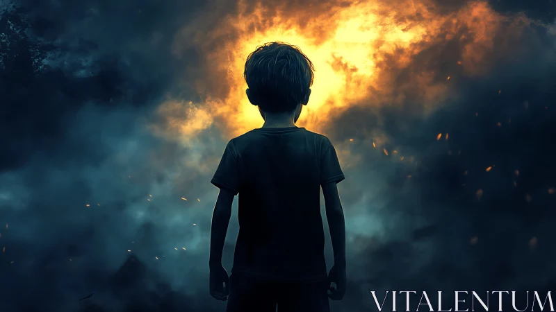 Backlit child silhouette before turbulent luminous smoke field.