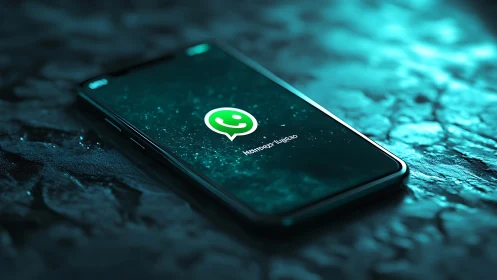 OLED smartphone with WhatsApp splash screen on teal-lit surface