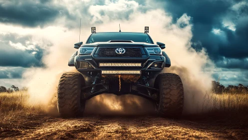 Lifted Toyota truck powers through dusty off-road trail.