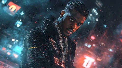 Neon smoke crowns a steely-eyed night boss in chrome hues