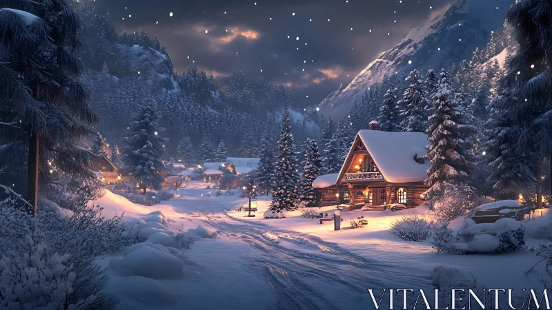Cozy winter cabin glowing softly in a peaceful snowy valley.
