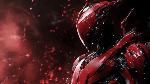 Crimson armored cyborg stands amid embers and smoke.