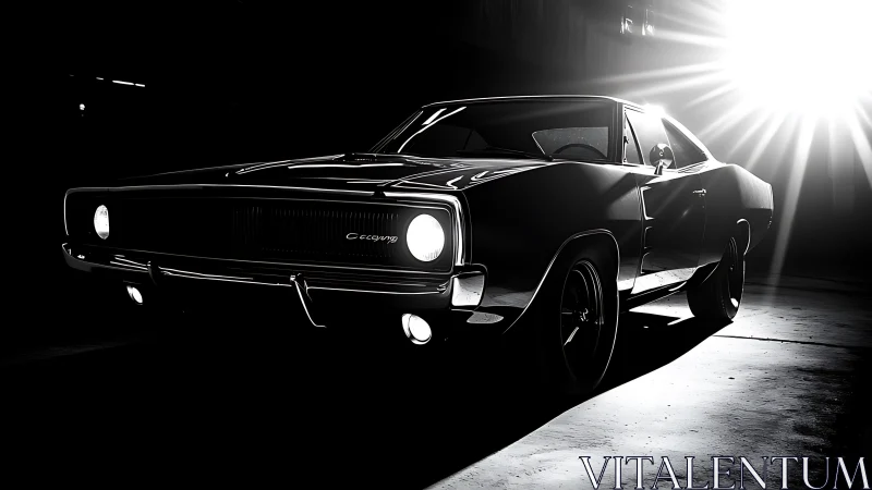 Midnight muscle car glows under dramatic spotlight in style