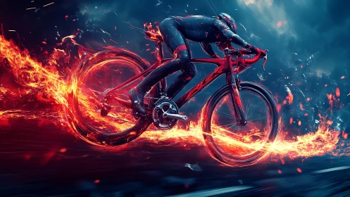 Cyclist Figure on Red Bicycle Surrounded by Flame Effect