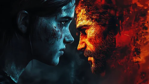 Dual portrait in icy blue and burning ember reds.