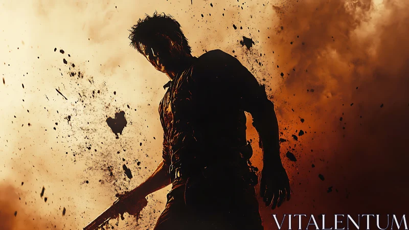 Silhouetted antihero stands amid fiery explosion clouds.