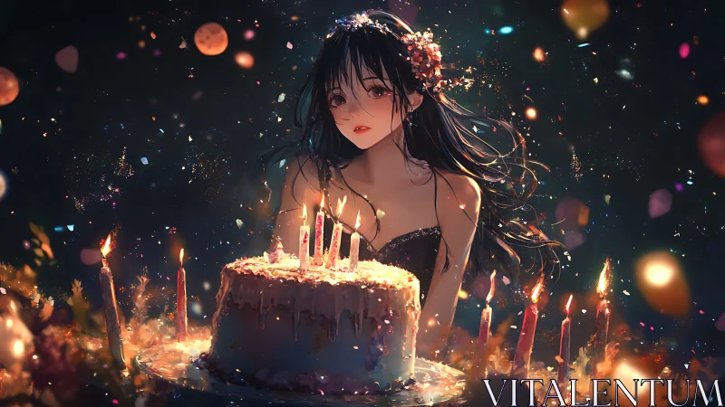 Anime figure with illuminated birthday cake amid bokeh lighting elements.