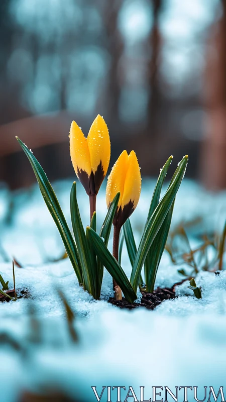 Yellow Flowers Breaking Through Spring Snow