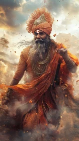 Bearded robed figure in orange garments amid swirling dust.