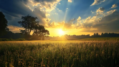 Photorealistic sunrise over meadow with dramatic radial lightscape.