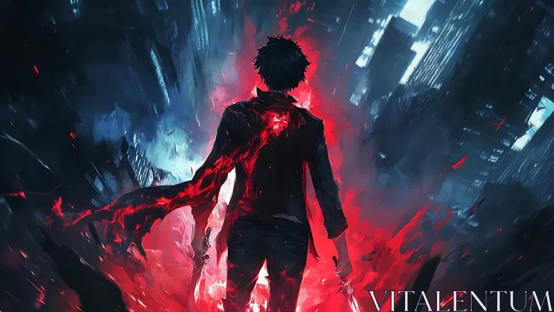 Backlit lone fighter walks through neon city with erupting red energy