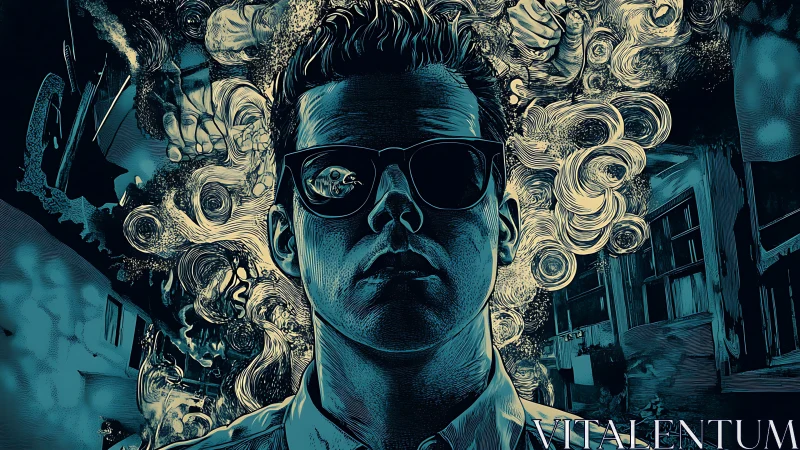 Surreal portrait shows tense man framed by swirling thoughts