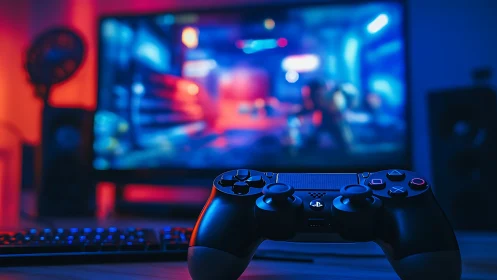 Gaming controller in neon-lit setup with bokeh display focus.
