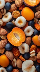Mixed stone fruits and assorted nuts form compact arrangement