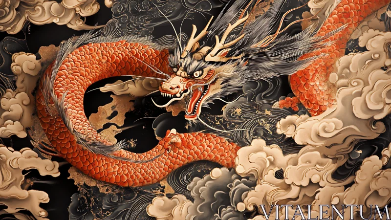 Crimson scaled dragon coils through storm-swept golden clouds.