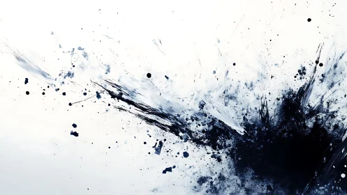 Dynamic Black and Blue Ink Splash Abstract Art on White Canvas.