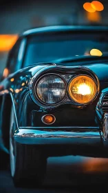 Midnight classic car gleams with golden headlights and chrome.