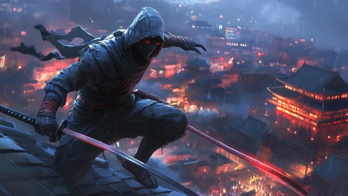 Hooded ninja crouches on rooftop above neon-lit night city