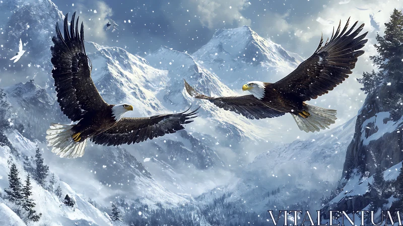 Majestic bald eagles soaring over snowy mountain landscape, realistic art.