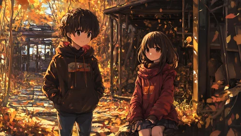 Cozy autumn moment shared by two friends in golden leaves.