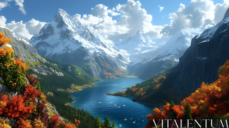 Golden autumn valley cradles a calm blue mountain lake