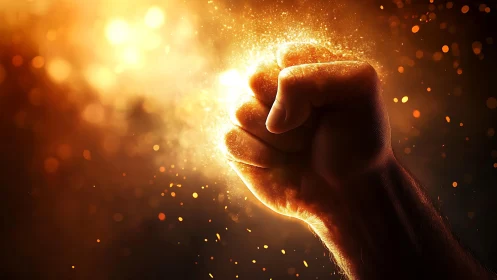 Clenched fist ignites in radiant particles and dynamic bokeh