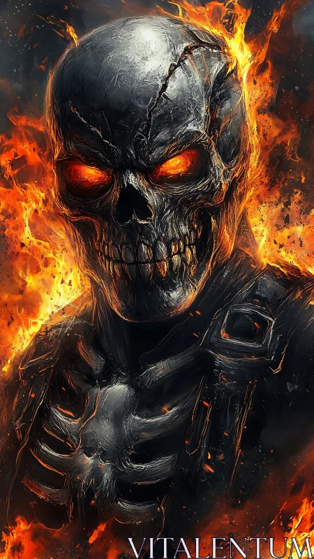 Flaming metal skull warrior emerges through inferno blaze.