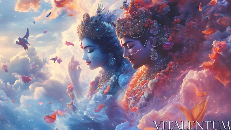 Cloudborne deities drift through petals and luminous dusk