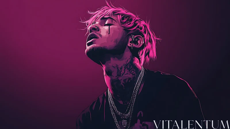 Stylized magenta portrait of singer in side-lit profile.