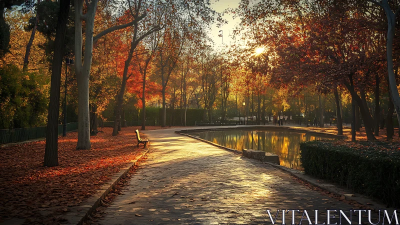 Autumn park path glows under low golden evening sun.