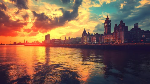 Chromatic waterfront skyline under hyper-saturated sunset glow.