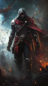 Hooded rogue crossing fire and frost in stormy twilight.