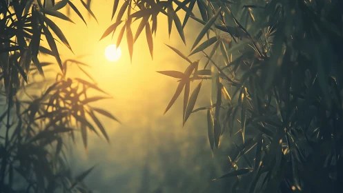 Golden sunrise filters softly through tranquil bamboo leaves