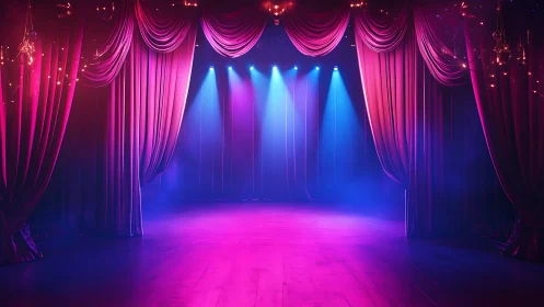 Empty theater stage glows under vivid magenta and blue light