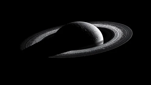 Ringed planetary body in strong shadow and side illumination.