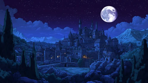 Moonlit medieval castle town rests under deep blue sky
