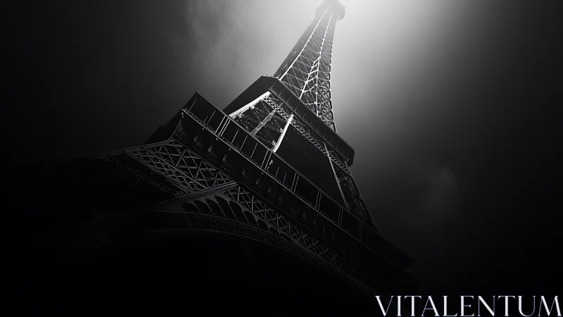 Dramatic low-angle monochrome study of an illuminated iron tower