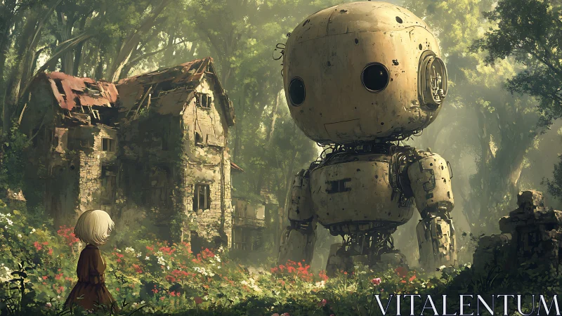 Gentle forest robot meets curious child in wildflowers.