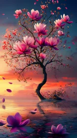 Twisting magnolia tree over sunset-tinted dreamwater.