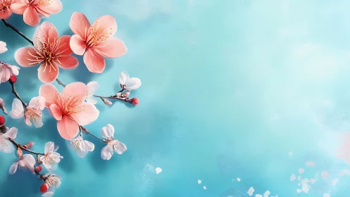 Peach cherry blossoms on turquoise blue background wall art.