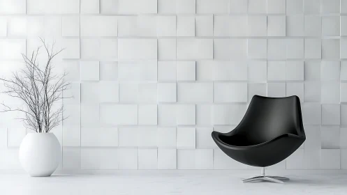 Minimalist Interior with Geometric Wall and Modern Black Lounge Chair