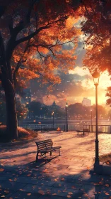 Golden dusk leans gently over a quiet riverside bench