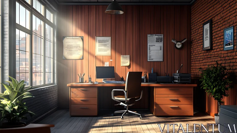 Sunlit workspace with wooden desks and brick accent walls.