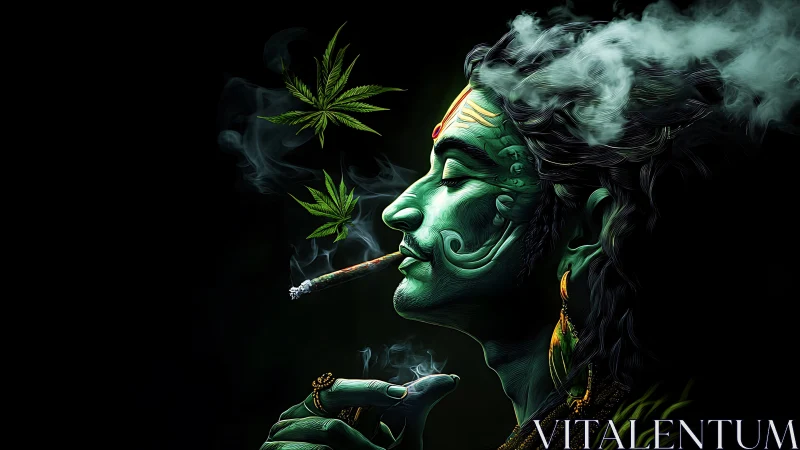 Mystic green deity exhaling smoke with floating cannabis leaves.
