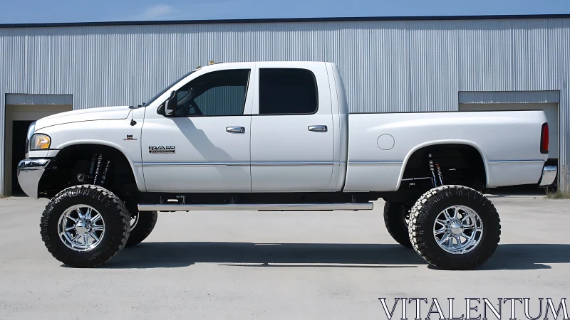 White lifted pickup truck in side view against warehouse wall.