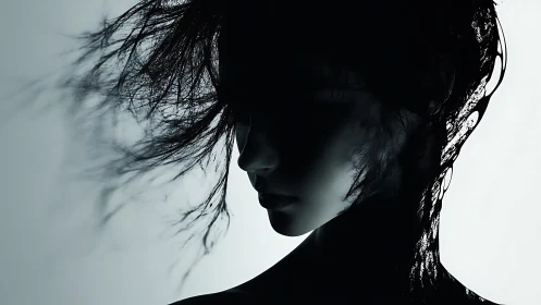 Shadowed cybernetic portrait merges human form and fluid ink.